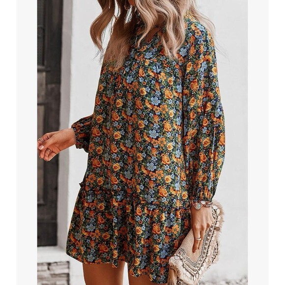 KIRUNDO Long Sleeve Boho Floral Print Casual Loose Dress Size L New With Tag - Picture 9 of 10
